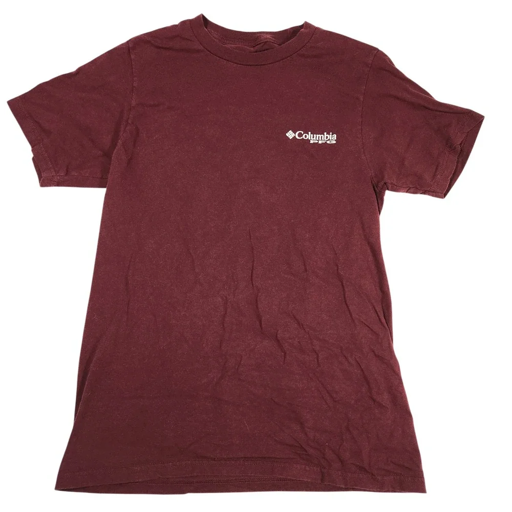 Columbia‎ PFG Mens Small Maroon Bass Graphic Performance Fishing Gear T-Shirt